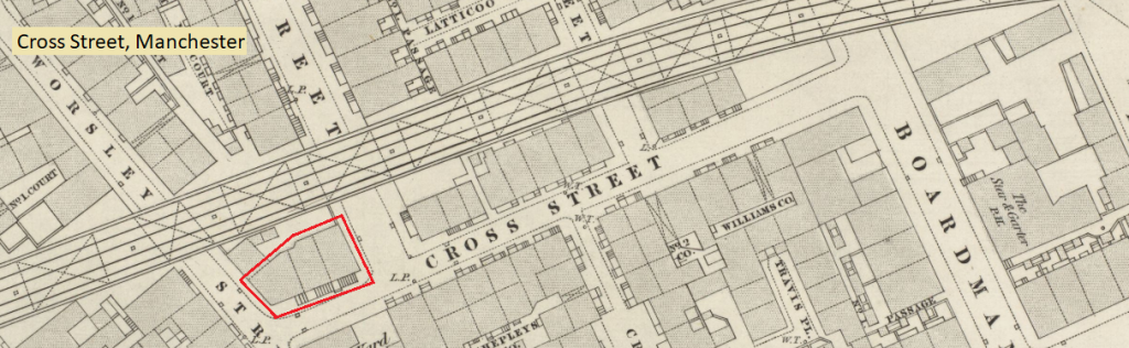 Hodkinson History. Sarah Ellen Birtles' home in the 1840s at 3 Cross Street, Manchester.