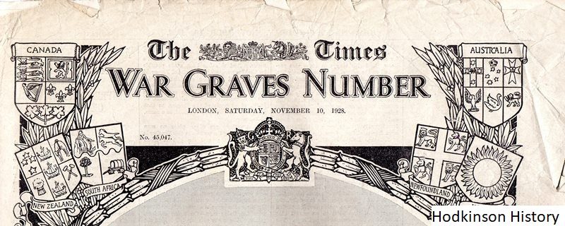 John William Hodkinson (1869-1942). The Times War Graves Number. 10th November 1928.