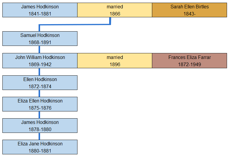 Hodkinson History. Part family tree. James Hodkinson and Sarah Ellen Birtles and children.