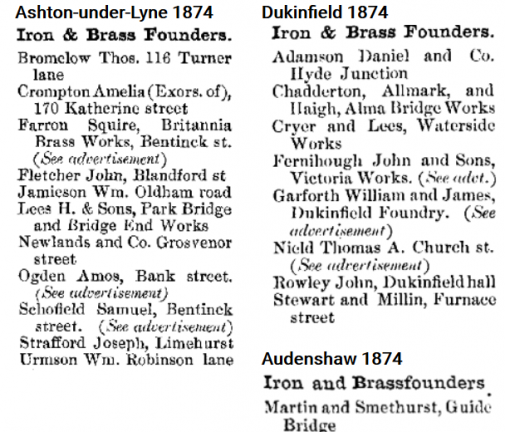 James Hodkinson (1841 -1881). Iron and Brass Founders in Ashton-under-Lyne, 1874.