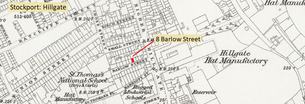 Hodkinson History. Mary Wilkinson and family's home at 8 Barlow Street, Stockport in 1874.