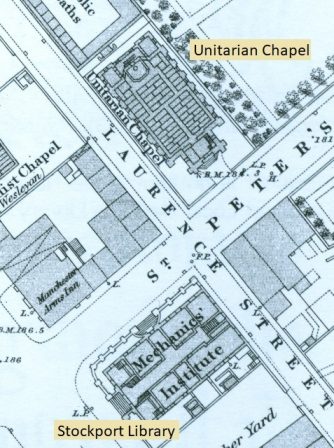 Mary Hodkinson (1835–1874).   Location of the Unitarian Church, St Petersgate, Stockport.