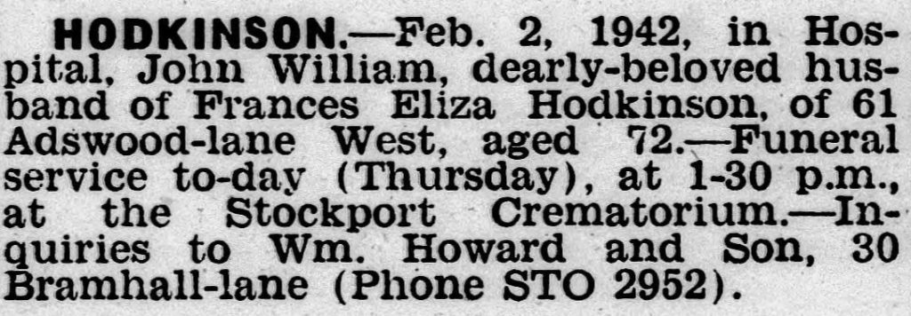 John William Hodkinson death notice from the Stockport Express, 5th February 1942.