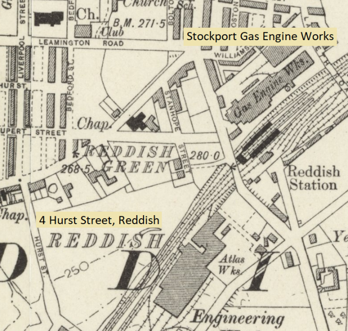 John William Hodkinson (1869-1943). Gas Engine Works and 4 Hurst Street, Reddish.