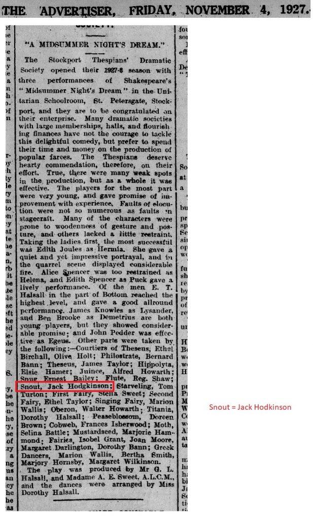 HodkinsonHistory.co.uk 1927 11 04 Jack Hodkinson, thespian.