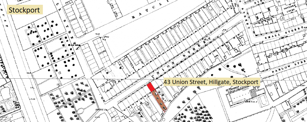 1861 Lucy Miller (Hodkinson)'s home at 43 Union Street, Hillgate, Stockport.