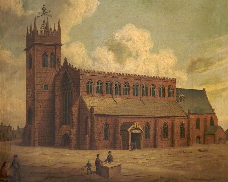 Hodkinson History. St Mary's Parish, Church, Stockport, before demoliton in 1810.